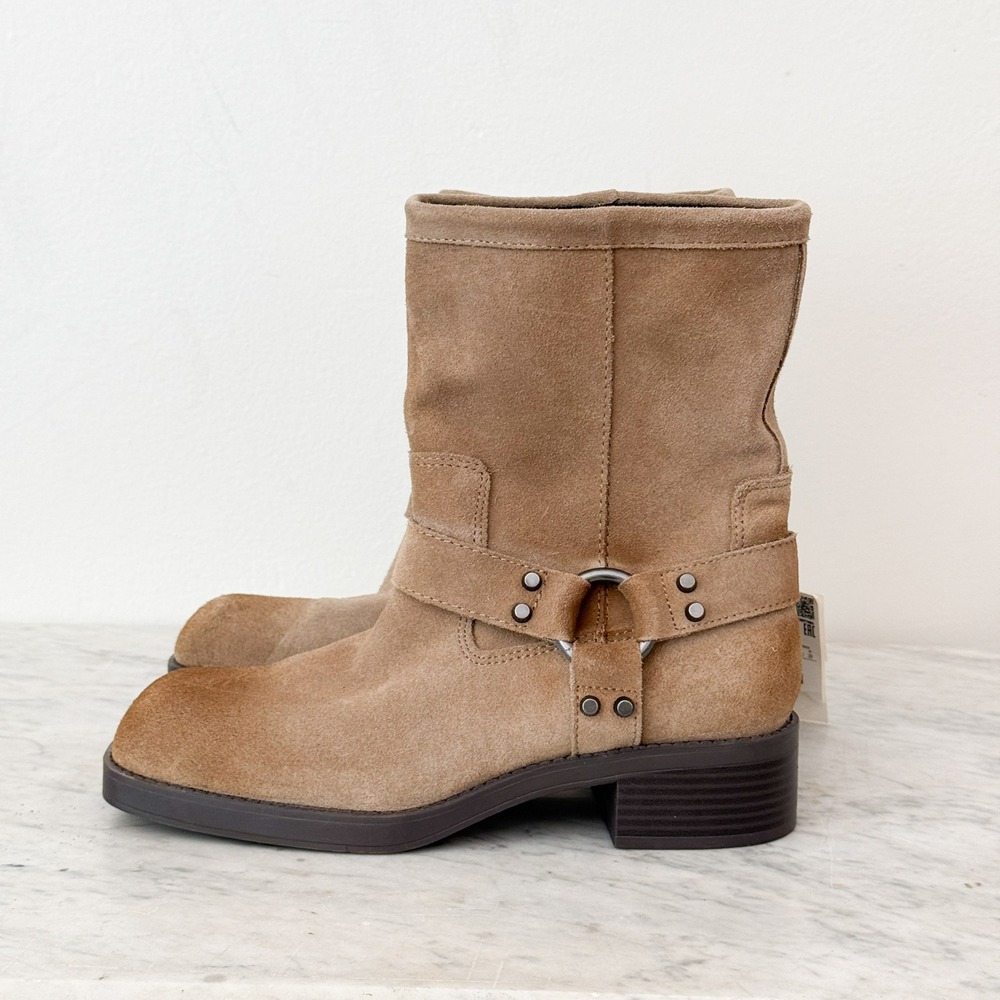 Harness Moto Western Zara Suede Ankle Boots 40 9.5 Tan Square Toe Studded O-Ring